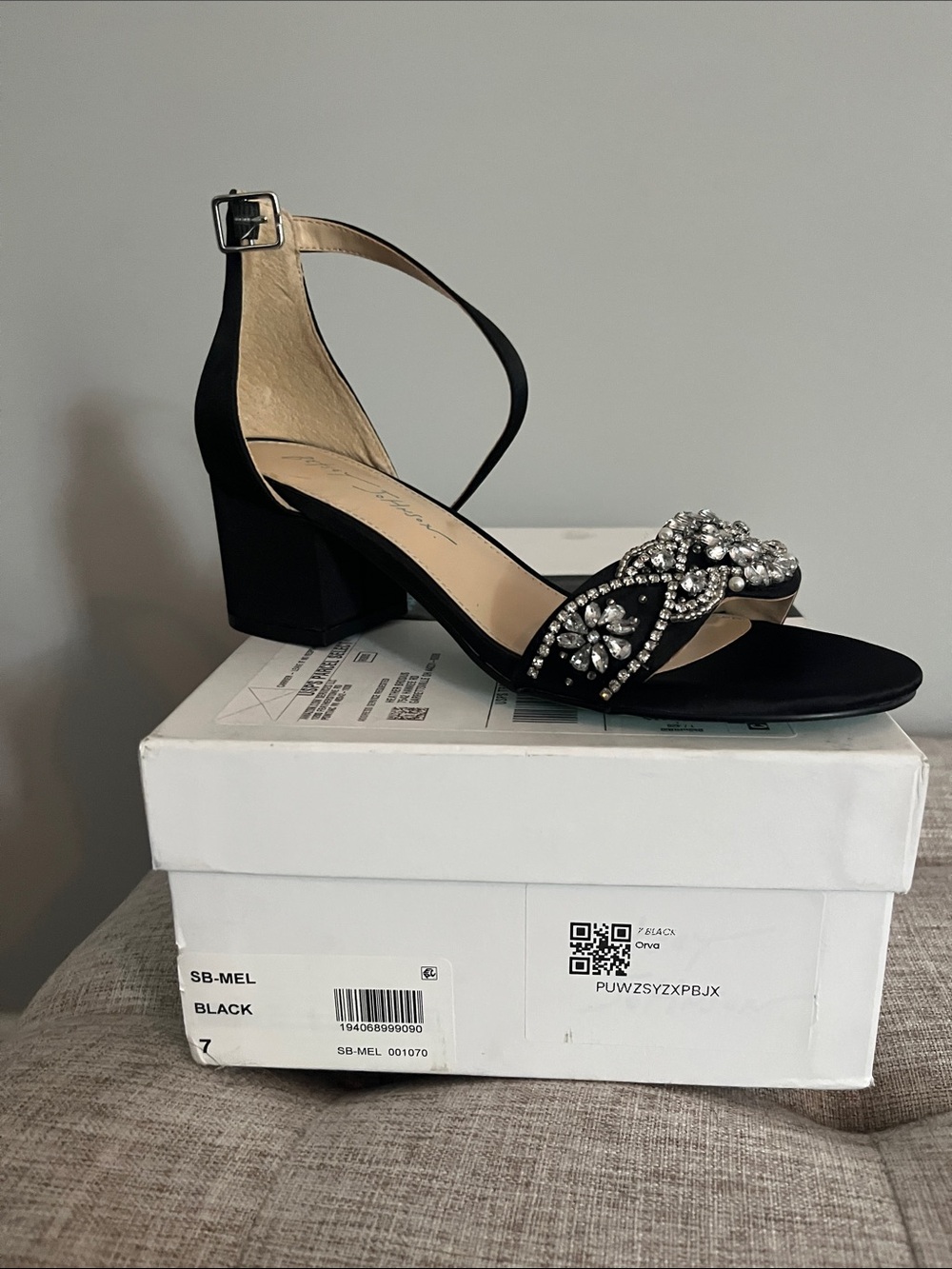 Betsey Johnson Black Jeweled Ankle-Strap Block Heel Sandals
